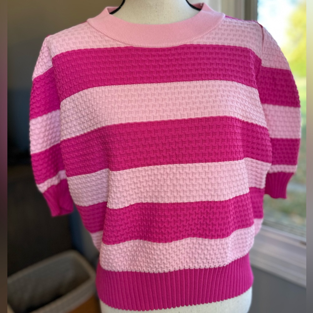 Fate Pink wide striped Puff Sleeved Knit Top Sweater Medium